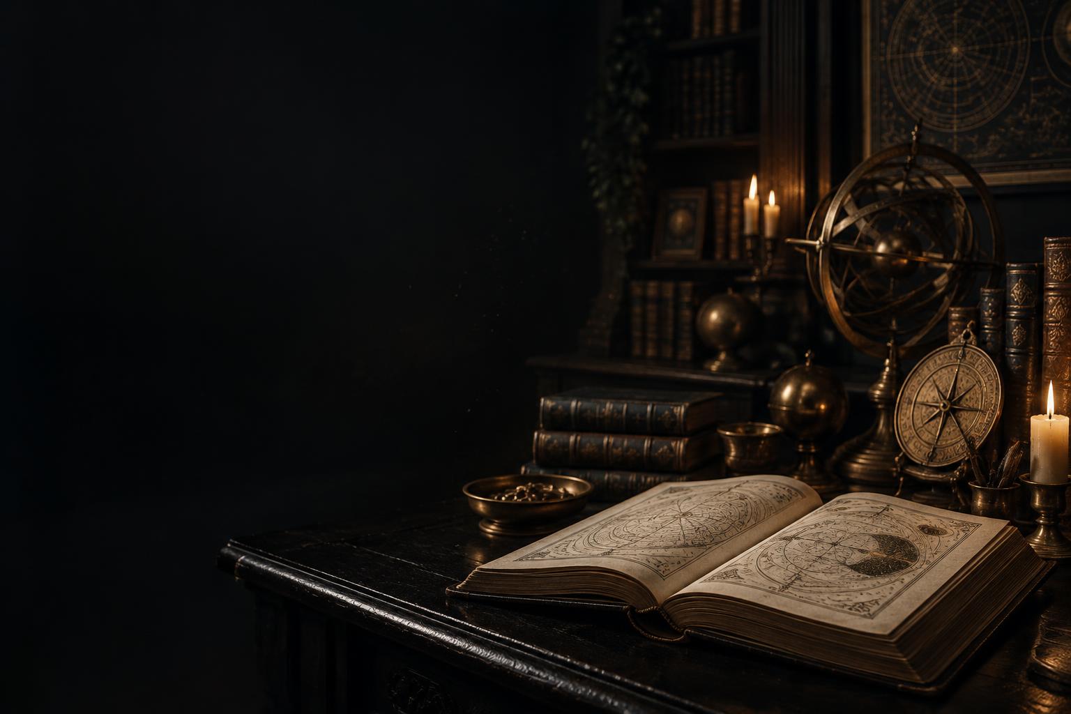 Livro antigo aberto em uma biblioteca com velas e instrumentos celestes dourados